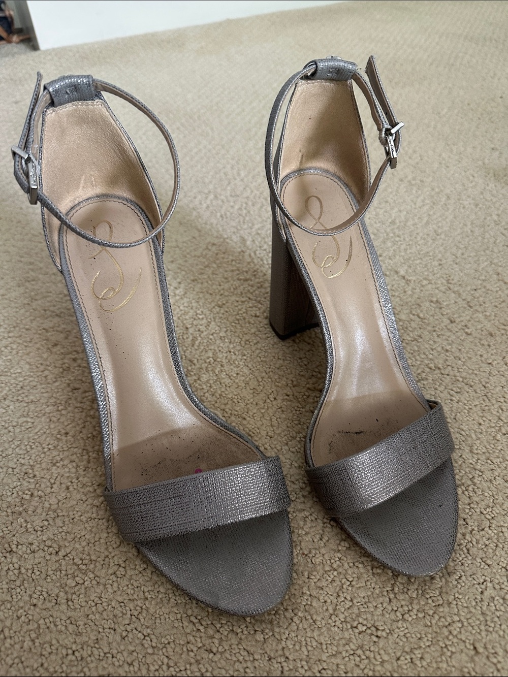 Sam Edelman Silver Metallic Block Heel Ankle Strap Sandals